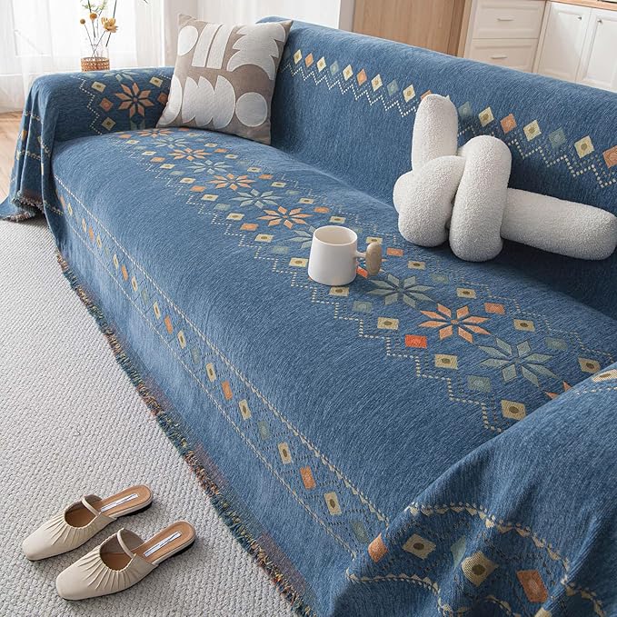 VClife Boho Couch Cover Blue Geometric Jacquard Pattern Sofa Cover, 1 Piece Large Couch Covers for 3 Cushion Couch Sofa Washable Plush Chenille Sofa Protector for Living Room, 71x150 Inch