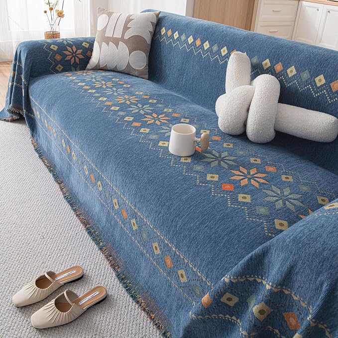 VClife Boho Couch Cover Blue Geometric Jacquard Pattern Sofa Cover, 1 Piece Large Couch Covers for 2 Cushion Couch Sofa Washable Plush Chenille Sofa Protector for Living Room, 71x118 Inch