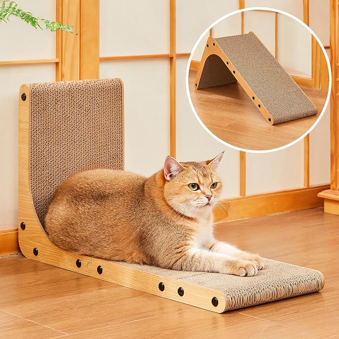 Value 2-Pack 23.6 Inch L-Shaped Cardboard Cat Scratcher, Dual Use (Vert/Horiz) Scratch Pad with Toy Balls, Wall-Mountable Furniture Protector Cat Scratchers for Indoor Cats