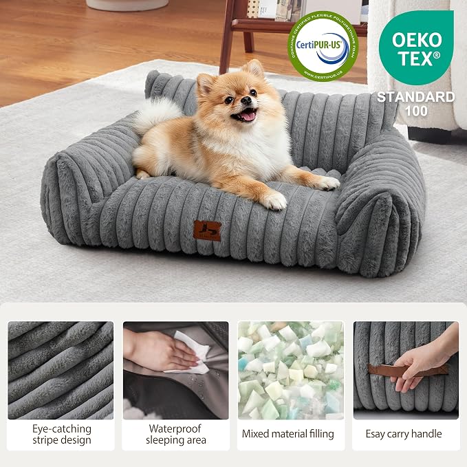 Cat Couch for Pets, Cute Small Dog Couch Bed with Cozy Soft Faux Rabbit Fur for Small Dogs, Fuzzy Dog Couch for Indoor Cats, Supportive Pet Sofa with Removable Washable Cover, Light Gray, 30"
