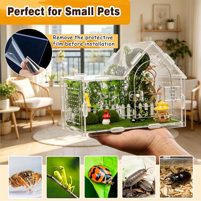 Acrylic Jumping Spider Enclosure Kit 16PCS with Decor | 16-pc mossy forest decor with mushrooms, stones, hideout, for mantis & tarantula