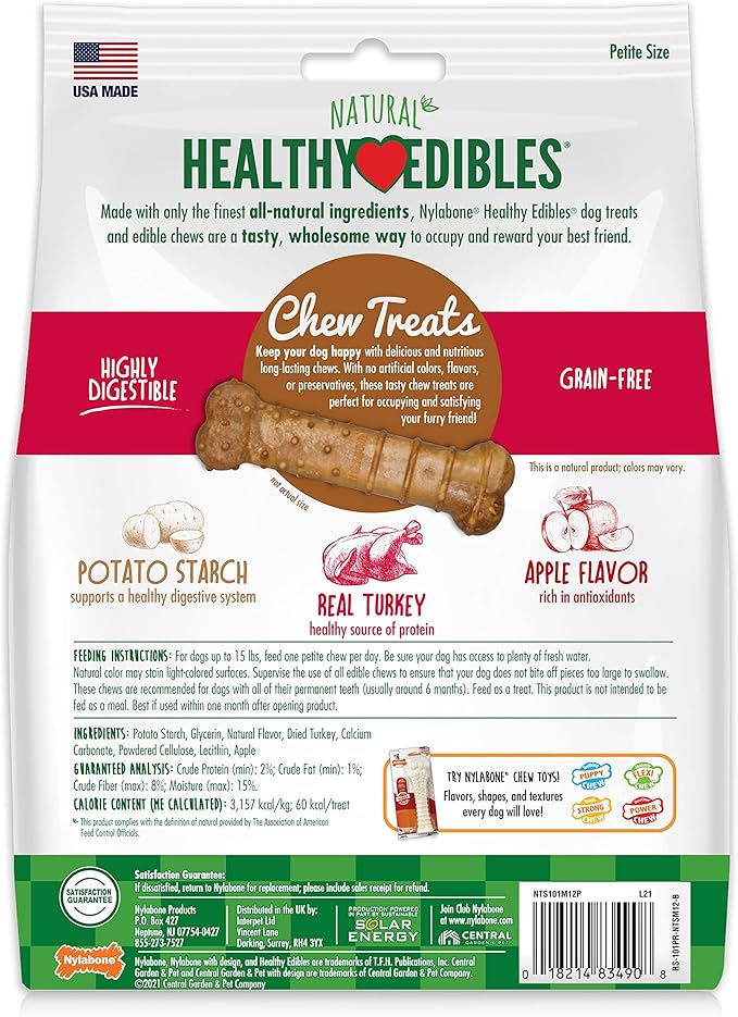 Nylabone Healthy Edibles Natural Dog Chews, Long Lasting Bones for Dogs, Turkey & Apple Flavor Dog Treats, X-Small (12 Count)