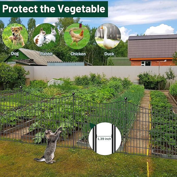 10 Panels Decorative Garden Fence with Gate, 24 in(H) X 20 ft(L) No Dig Dog Fence Animal Barrier Outdoor for Yard, Rustproof Metal Garden Edging and Borders, Temporary Fencing Stakes