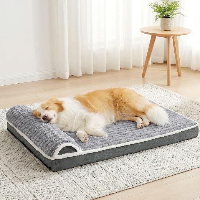 Orthopedic Large Dog Bed Pillow Pet Sofa Bed 42''X28'' Grey | Egg-Crate Foam Pet Couch Large Sized Dog, Waterproof Removable Washable Cover,Furry Puppy Crate Mat With Nonskid Bottom
