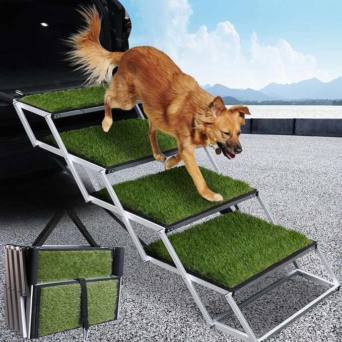 DGSL Folding Dog Stairs for Car, Green 20" Extra Wide 4-Step for Large Dogs | Extra-Wide Stable Steps Reducing Jumping Needs and Supporting Safer Pet Mobility