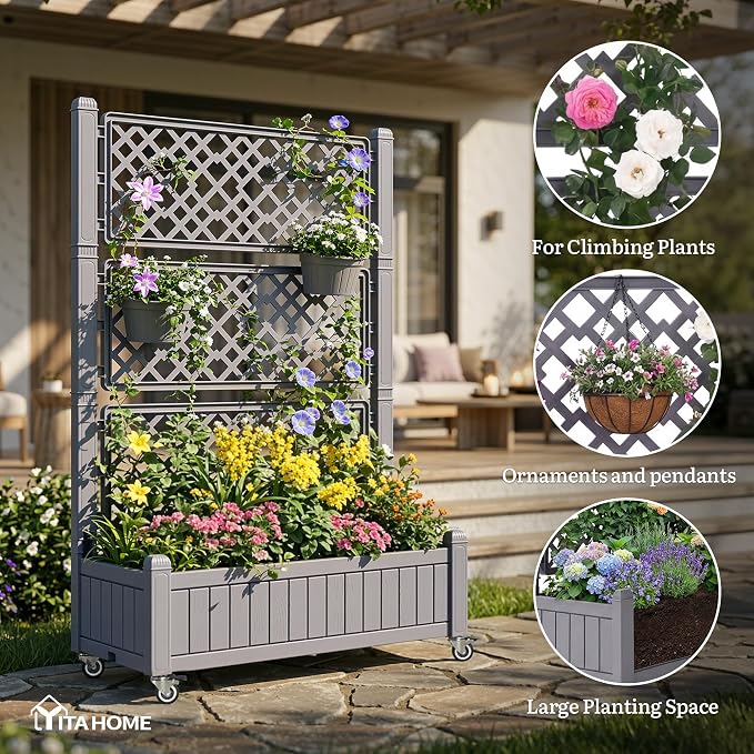 YITAHOME 42.5x14.2x61 in Planter Box with Trellis, All-Weather Raised Garden Bed with Wheels & Drain Plug, Outdoor Privacy Screen for Climbing Plants Flowers Herbs, Brown