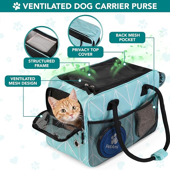 PetAmi Dog Purse Carrier for Small Dogs Cats, TSA Airline Approved Soft-Sided Pet Carrier with Pockets, Ventilated Travel Tote Bag with Bed & Shoulder Strap, Puppy Kitten, Max 12 lbs, Chevron Teal