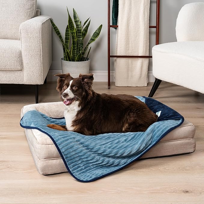 PetAmi Waterproof Dog Blanket, Leakproof Pet Blanket for Small Medium Large Dogs, Reversible Furniture Bed Sofa Couch Cover Protector, Plush Striped Pet Throw for Indoor Cat, 40x60 in, Navy Blue