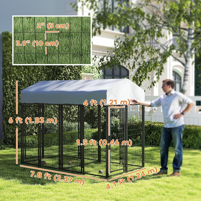 PawHut Outdoor Dog Kennel with 2 Rooms, 8' x 4' x 6' Heavy Duty Welded Wire Dog Playpen Enclosure with Escape-Proof Lock, UV-Resistant & Waterproof Cover, for Large Dogs, Chickens, Ducks, Silver | Heavy Duty Welded Wire Dog Playpen Enclosure, Escape-pr...