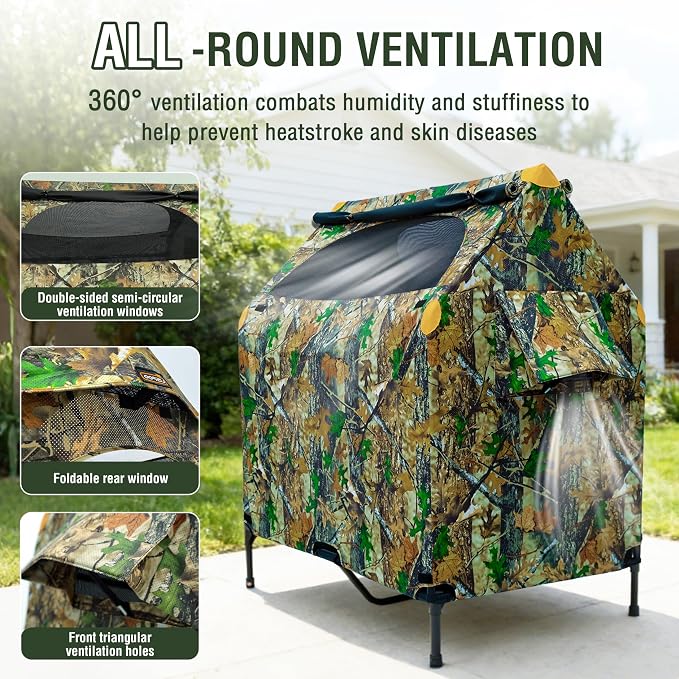 Privacy Outdoor Dog House & Elevated Bed 2-in-1, UPF50+ Sun Rain Protection, Breathable Camping Pet Tent with Cover, Portable for Indoor & Backyard Use（S）