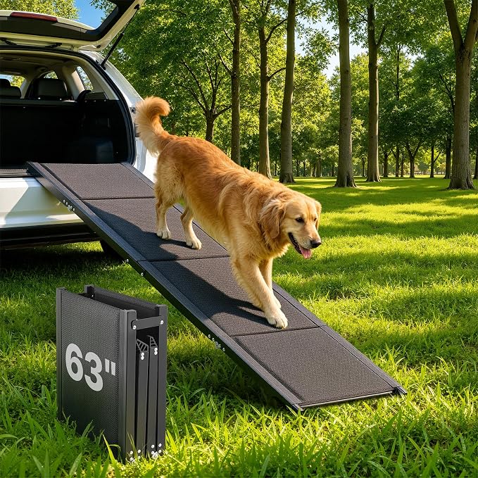 VEVOR Dog Ramp for Cars, 63" L x 17" W, Folding Pet Ramps for Medium & Large Dogs up to 250lbs, Pet Stair Ramp with Non-Slip Oxford Fabric Surface, Portable Outdoor Dog Car Ramps for SUV & Truck