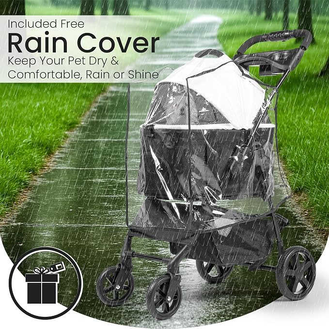 3-in-1 Folding Pet Stroller with Detachable Carrier – Lightweight Foldable Stroller for Cats & Dogs, Dog Carriers & Travel Products Solution with Safety Lock + Storage Basket
