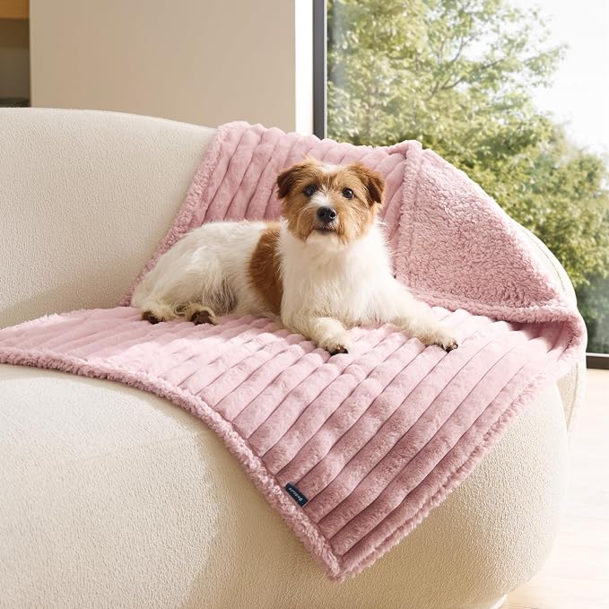 Bedsure ComfyFleece™ Waterproof Dog Blankets for Medium Dogs 30"x40" | Soft Plush Puppy Cat Blanket, Washable Corduroy Fleece,Cozy Calming Reversible Furniture Protector Indoor for Pet, Blush Pink