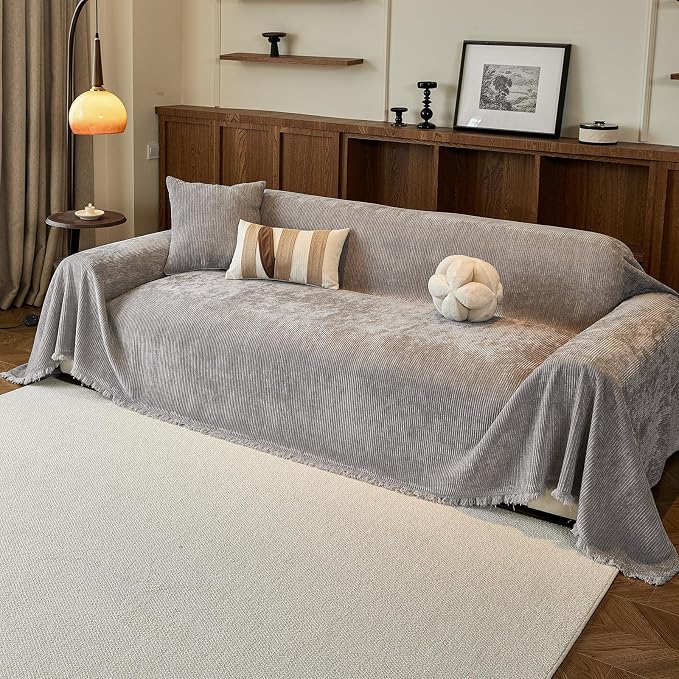 VClife Vintage Light Gray Striped Couch Cover with Tassel, 71" X 118" | Soft Thick Chenille Couch Covers for 2 Cushion Couch Sofa, Washable Sofa Covers for Sectional Sofa, Fade & Shrink Resistant