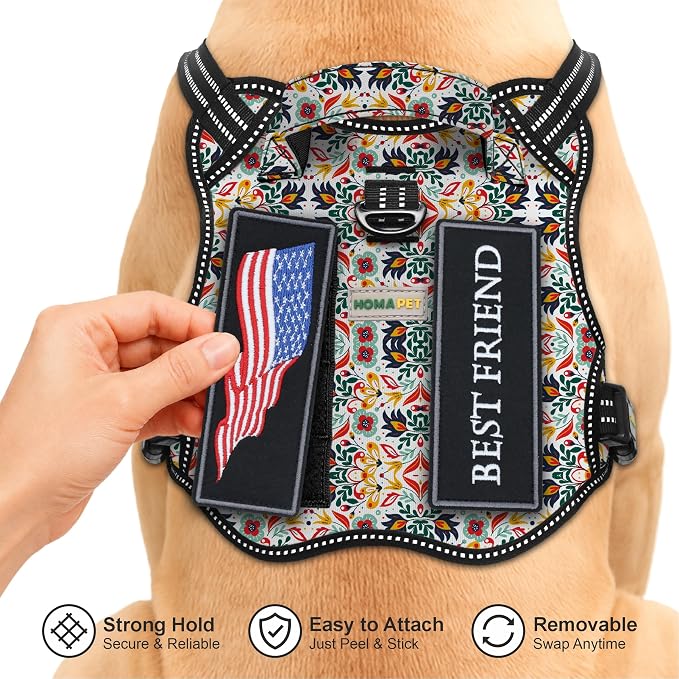 Homapet. Tactical Dog Harness with Dual Leash Attachment Points, Adjustable and Reflective Military Grade Dog Vest with Comfort Control Handle (Floral, L)