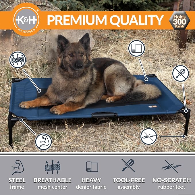 K&H Outdoor Elevated Dog Bed, Cooling Raised Dog Bed, Blue, XL 50x32in | Pet Cot for Large & Extra Large Pets, Breathable Mesh Center Hammock Design, Indoor/Outdoor Washable Cover, 50x32in
