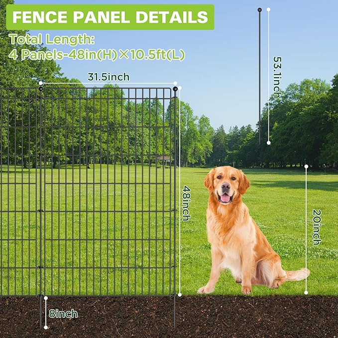 4 Panels No Dig Garden Fence with Gate, 48in(H) × 10.5ft(L) Decorative Metal Outdoor Dog Fence, Rustproof Pet Fencing for Yard, Patio, Flower Bed -Temporary Fencing| Easy to Install