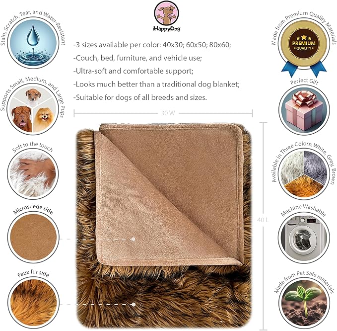 Waterproof Dog Blanket for Small, Medium & Large Dogs – Faux Fur Pet Throw for Couch, Sofa, Bed & Car – Soft, Washable, Stain-Resistant, Durable Cover - Brown 40" x 30"