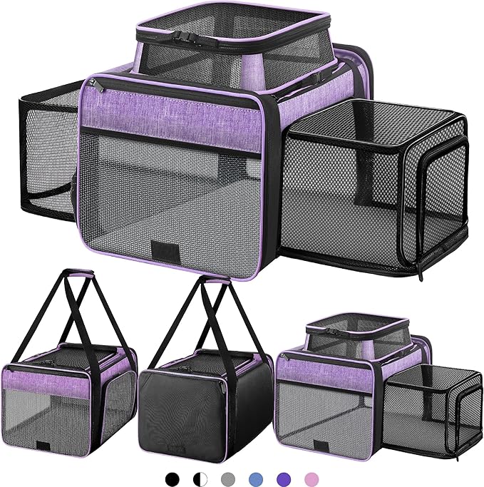 Top and 2 Sides Expandable Cat Carrier 18x11x11, TSA Airline Approved Dog Carriers for Small Dogs, Soft-Sided Pet Carrier with Self-Locking Zippers for Kitten,Rabbit, Puppy, Guinea Pig Purple