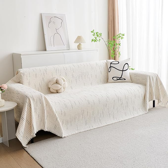 MYSKY HOME Couch Cover for Dogs, Sectional Couch Cover, Beige Lines Sofa Covers for Sectional Sofa L Shape Chenille Couch Protector for Dogs Pets Couch Covers Washable Soft Throw, 71"X150"