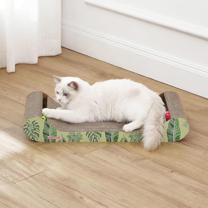 Rini 23.75" Modern Corrugated Cardboard Lounge Bed with Built-in Bell Toys and Catnip, Ergonomic Curved Sofa Scratcher for Indoor Cats, Mint/Green, (Set of 2) CSR1003E-SET2