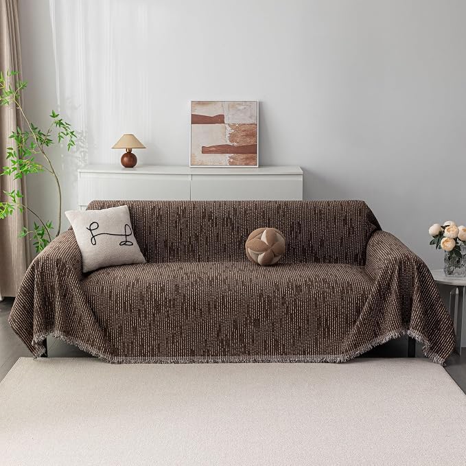 MYSKY HOME Boho Couch Cover Deep Chocolate Sofa Covers Washable, Farmhouse Sofa Slipcover Simple Couch Protector for Dogs Chenille Sectional Couch Covers L Shaped Couch Cushion Covers, 91"x 134"