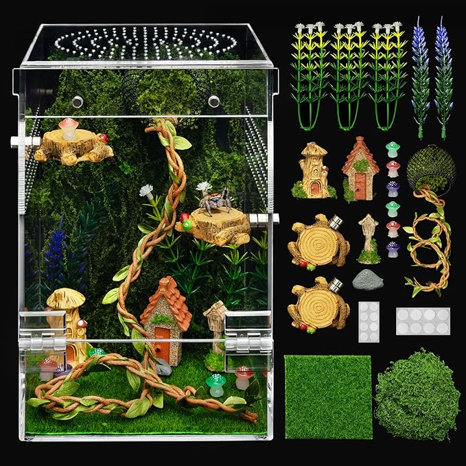 Jumping Spider Enclosure Starter Kit,Escape Proof Forest Terrarium | Praying Mantis Terrariums,Transparent Acrylic Complete Bug Habitat,All In One Arboreal Tarantula Cribs Cage,Insect Container