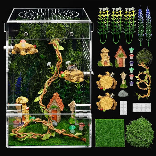 Jumping Spider Enclosure Starter Kit,Escape Proof Forest Terrarium | Praying Mantis Terrariums,Transparent Acrylic Complete Bug Habitat,All In One Arboreal Tarantula Cribs Cage,Insect Container