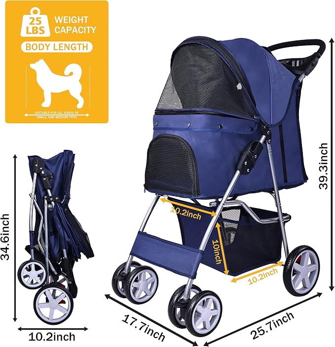 Elevon Pet Stroller, 4 Wheels Multifunction Dog Cat Stroller, Folding Portable Travel Stroller with Detachable Carrier, Suitable for Medium Small Dogs Cats, Blue