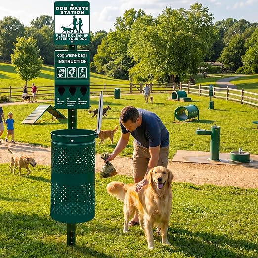 10-Gallon Galvanized Steel Dog Waste Station with Sign, Dog Poop Trash Can for Yard & Communities, Locking Dispenser & Waste Can Outdoor Pet Waste Disposal System