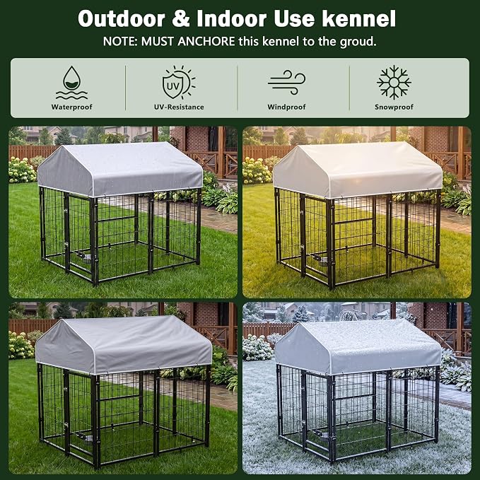 Dog Kennel Outdoor Enclosure with Roof, 4x4x4.6 FT Heavy Duty Outside Dog Run for Yard, Dog Crate Playpen with UV-Resistant Waterproof Cover