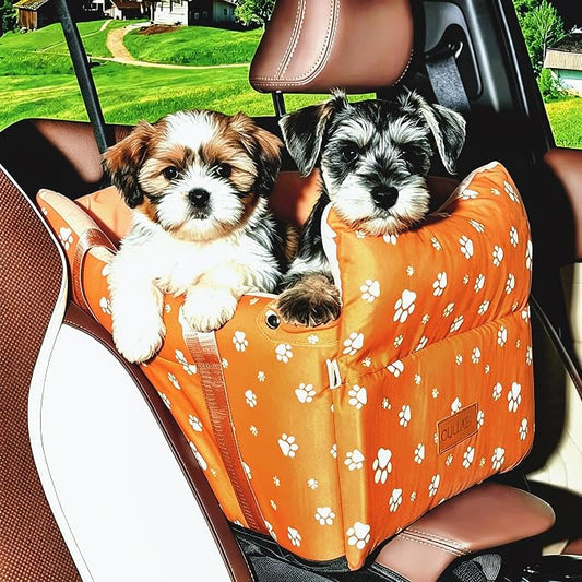 Center Console Dog Car Seat for Medium Dogs, Orange | Portable Armrest Booster With Soft Cushion Safety Belt, Up To 21 Lbs