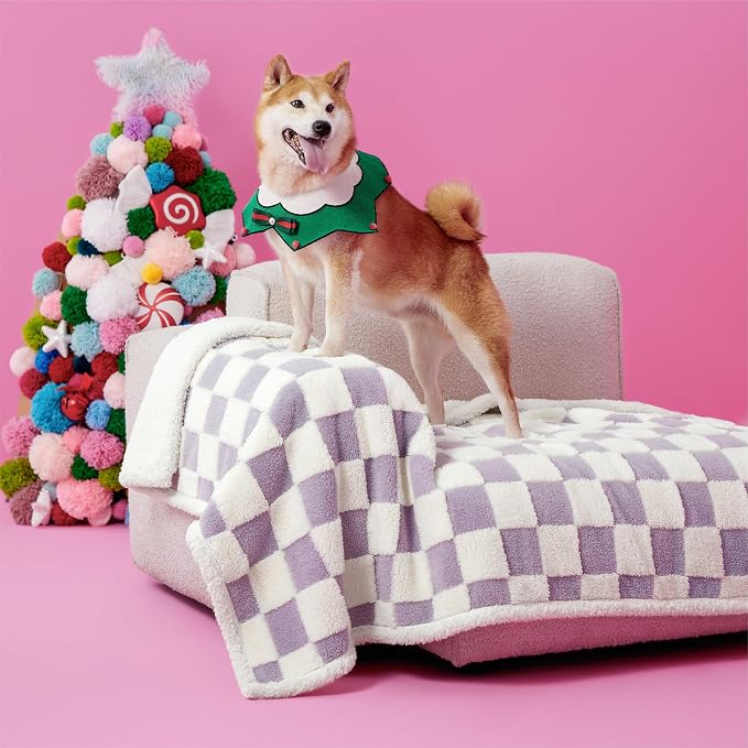 LE SURE Waterproof Dog Blankets for Large Dogs Cute Cozy 3D Jacquard,40x50 | Warm Soft Pet Blanket for Senior Dogs Aesthetic Gift, Washable Sherpa Throw, Reversible Couch Protector, Lavender Checks
