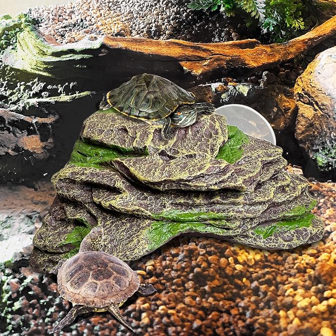 kathson Turtle Basking Platform Floating Turtle Dock Baby Tortoise Climbing Ramp Shale Reptiles Dock Resting Terrace Stone Aquarium Ornament for Frogs Newts (Green Size:7.1”Lx6.3”Wx2.7”H)