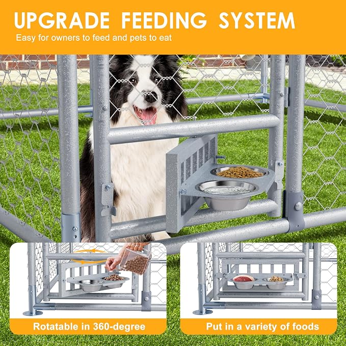 7.5×7.5×5.3 FT Outdoor Dog Kennel Enclosure w/Roof, Rotating Feeder | Large Heavy Duty Dog Run Playpen with 2 Stainless Bowls, Galvanized Pet House with Secure Lock, Waterproof Cover
