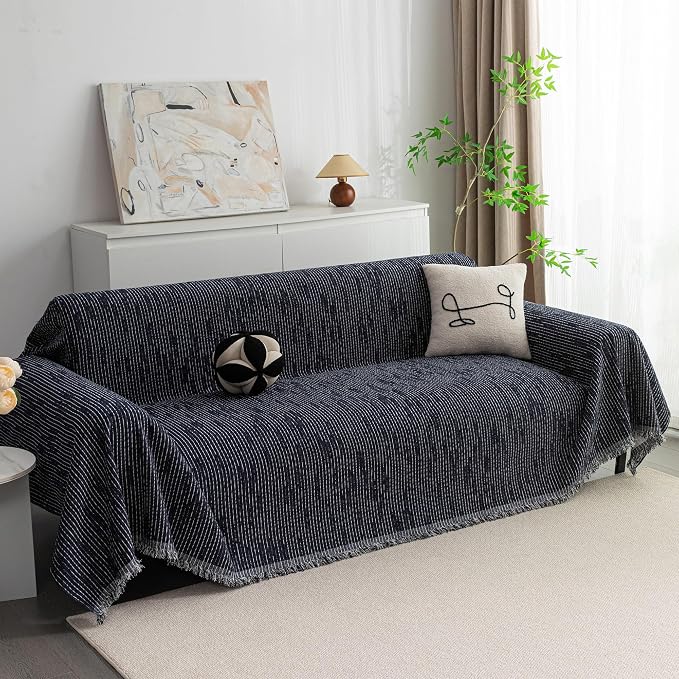 MYSKY HOME Boho Couch Cover Navy Sofa Covers with Tassel Farmhouse Sofa Slipcover Simple Couch Protector for Dogs Chenille Sectional Couch Covers L Shaped Couch Cushion Covers, 71"x 134"