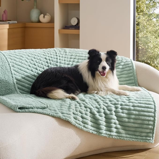 Bedsure ComfyFleece™ Waterproof Dog Blankets for Large Dogs,50x60 | Soft Plush Couch Cover,Washable Corduroy Fleece for Furniture Protector,Cozy Calming Reversible Pet Blanket, Garden Green