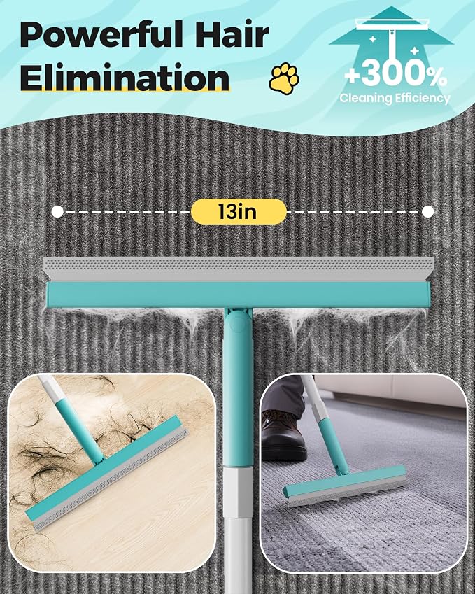 Carpet Rake for Pet Hair Removal Tool - 4 in 1 Pet Hair Remover Kit for Dog Cat Fur Remover, Contain 60" Adjustable Rubber Broom, Glove, Magic Brush and Scraper for Furniture (Blue)