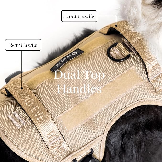 Fei & Eve Classic Dog Harness, MagEase Magnetic Buckle | 3-Point No-Pull Control, Dual Handle Support, 900D Nylon, Tactical Patch Panel, Heavy Duty, Large, Champagne