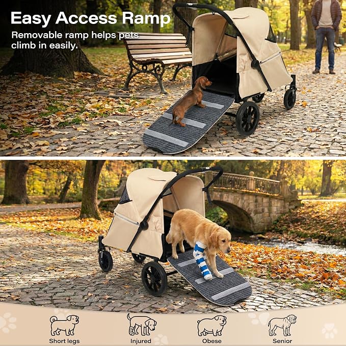 LAUSAINT HOME 4 Wheels Pet Stroller, Foldable Extra Large Dog Stroller for Medium & Large Dogs/Cats with Built-in Access Ramp, Dog Carrier Cat Stroller with Breathable Mesh, Khaki