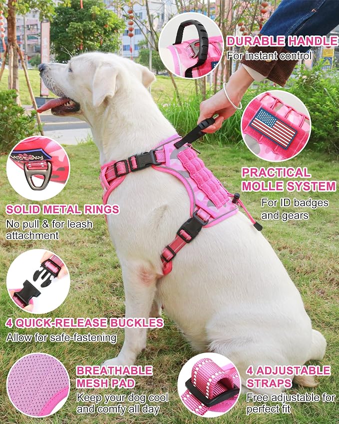 Tactical Dog Harness No Pull,Service Dog Vest with Handle,Pink Camo, M | Adjustable Military,Reflective ＆ Molle Loop Panels, for Medium Large Size Dogs for Training Walking Running