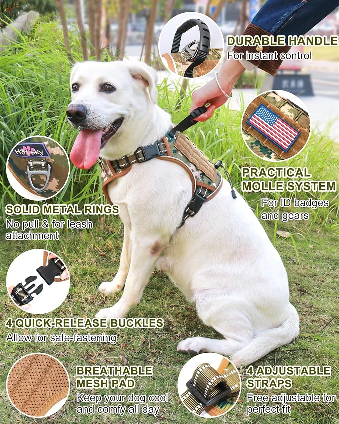 Tactical Dog Harness No Pull,Service Dog Vest with Handle,Army Camo, XL | Adjustable Military,Reflective ＆ Molle Loop Panels, for Medium Large Size Dogs for Training Walking Running