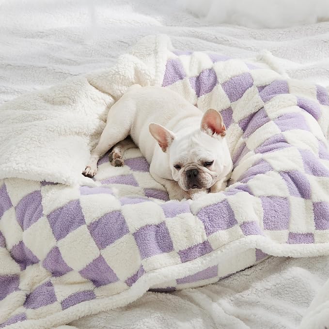 LE SURE Waterproof Dog Blankets for Medium Dogs Cute 3D Jacquard,30x40 | Puppy Blanket for Cat Aesthetic Gift, Warm Soft Sherpa Throw Washable, Reversible Pet Couch Protector, Lavender Checks