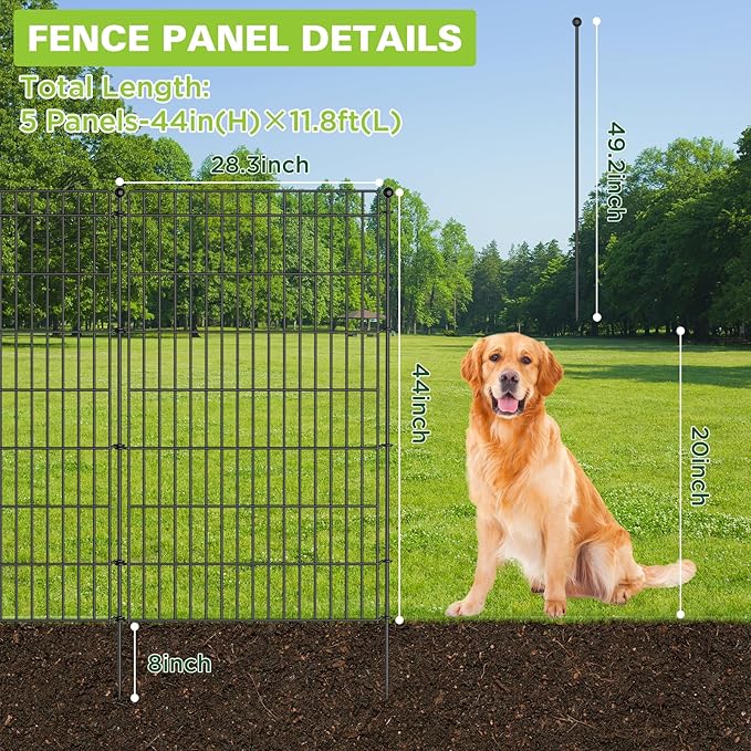5 Panels No Dig Garden Fence Animal Barrier, 44in(H) × 11.8ft(L) Decorative Metal Outdoor Dog Fence, Rustproof Pet Fencing for Yard, Patio, Flower Bed -Temporary Fencing| Easy to Install