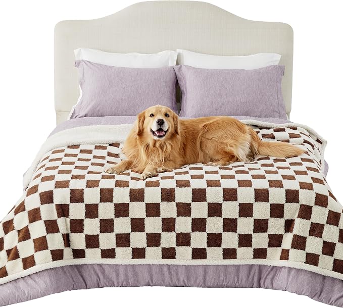 LE SURE Waterproof Blanket for Bed Cute Cozy 3D Jacquard, Twin（60x80） | Dog Blankets for Large Dogs, Pet Aesthetic Gift, Warm Soft Sherpa Throw, Reversible Couch Protector, Brown Checks