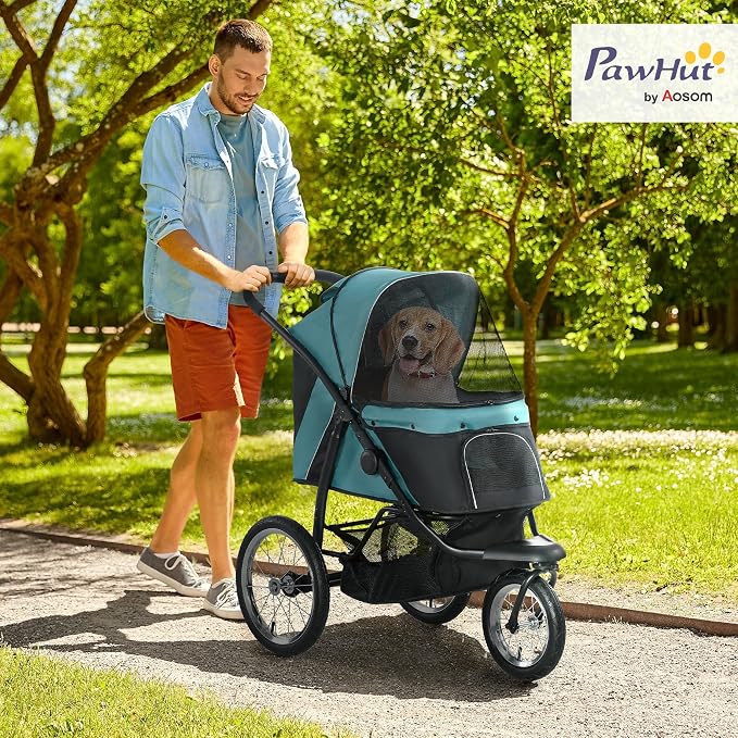 PawHut 3 Wheels Pet Stroller, Foldable Dog Stroller with Adjustable Canopy, Safety Tether, Cushion, Storage Basket, Portable Jogger for Small and Medium Dogs and Cats, Dark Green