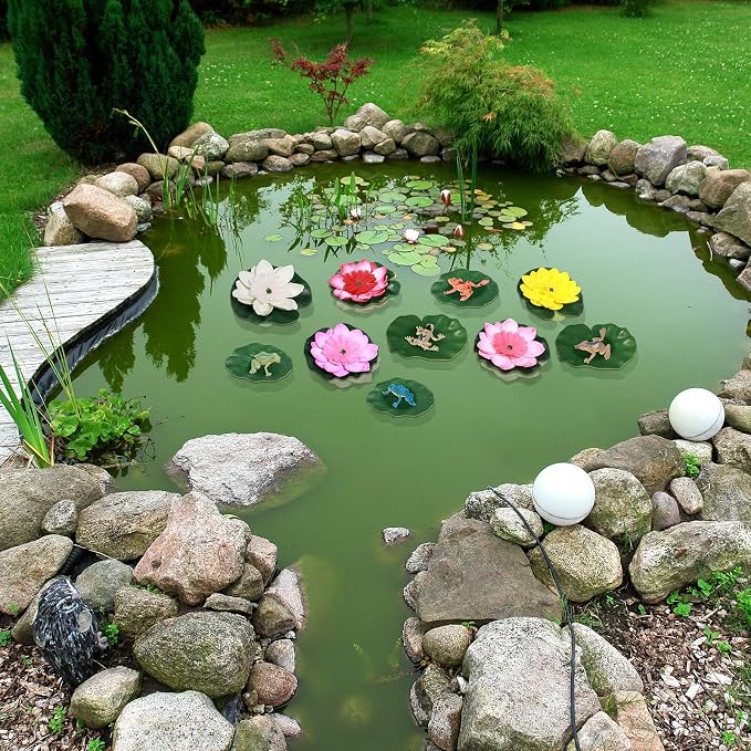 22 Pcs Water Lily Pad Artificial Floating Lotus Flower with Plastic Frog Figures Toy Set for Garden Home Decor Party Favor Koi Pond Accessories Ornament Indian Diwali Decorations Return Gifts