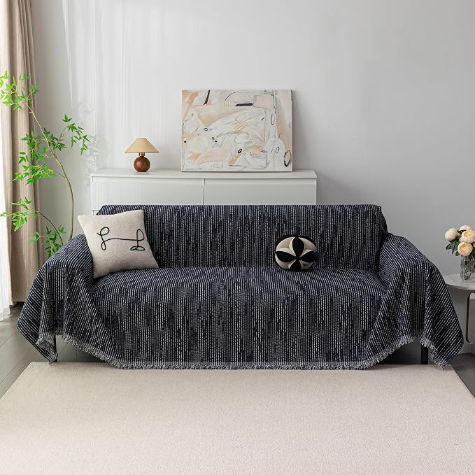 MYSKY HOME Boho Couch Cover Navy Sofa Covers with Tassel Farmhouse Sofa Slipcover Simple Couch Protector for Dogs Chenille Sectional Couch Covers L Shaped Couch Cushion Covers, 71"x 134"