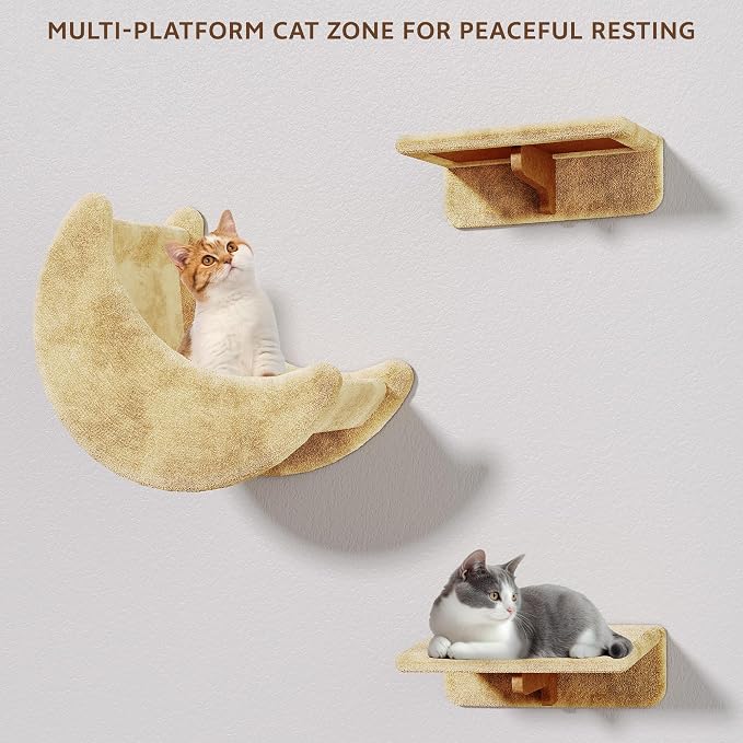 13-in-1 Cat Wall Shelves, Moon & Bridge Cat Wall Furniture, Beige | Wall Mounted Cats Shelf Set with Plush Fabric, Cat Climbing Systems for 16 Inch Drywall, Condo, Scratching Post, Space-Saving