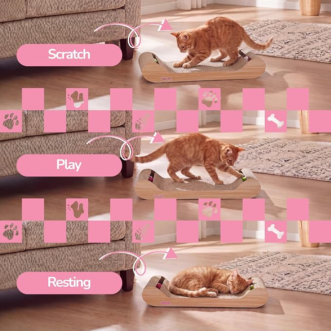Rini 23.75" Modern Corrugated Cardboard Lounge Bed with Built-in Bell Toys and Catnip, Ergonomic Curved Sofa Scratcher for Indoor Cats, Oak Wood Finish, (Set of 2) CSR1003C-SET2